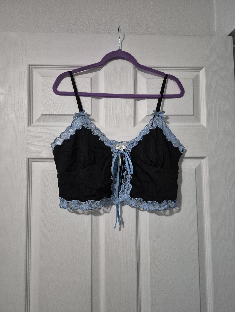 Black Lace-Trim Cami Top with Light Blue Detail